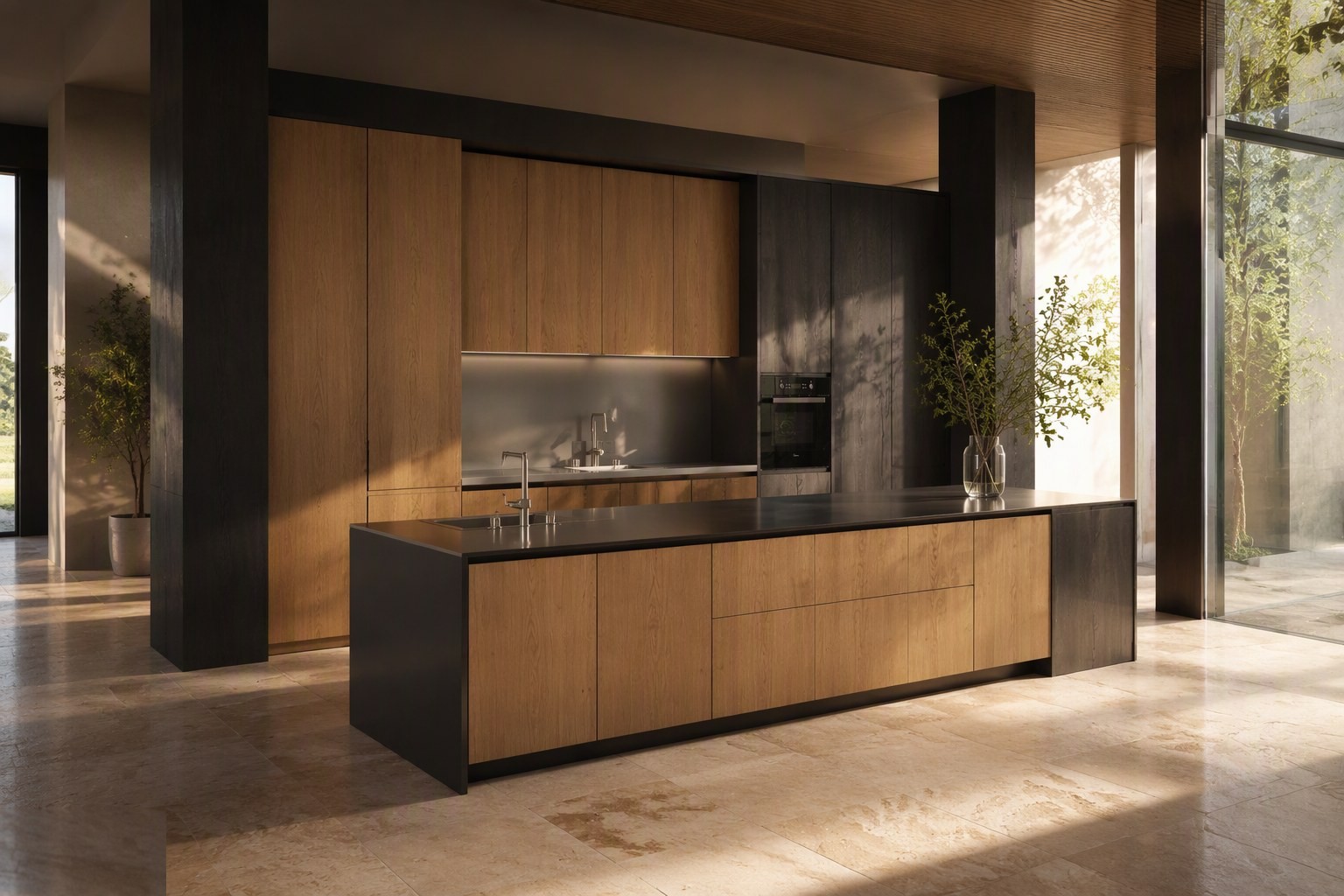 Monolithic SYMATTI kitchen island composed like a piece of architecture