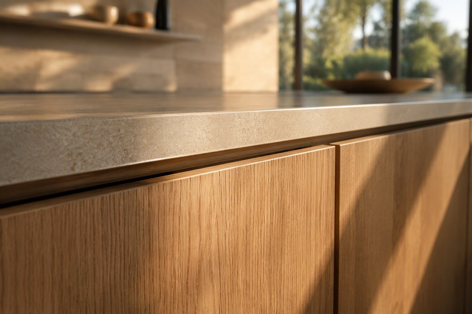 Structural shadow-gap detail where SYMATTI cabinetry meets a stone worktop