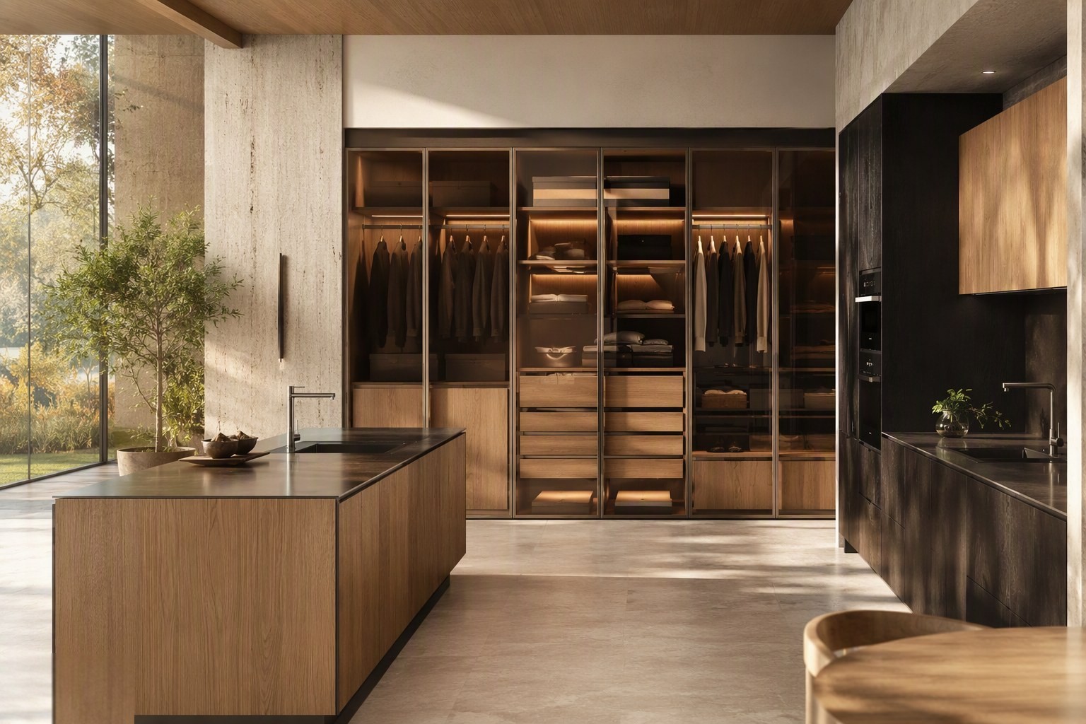Wardrobe modules on the SYMATTI grid with interchangeable interior fittings