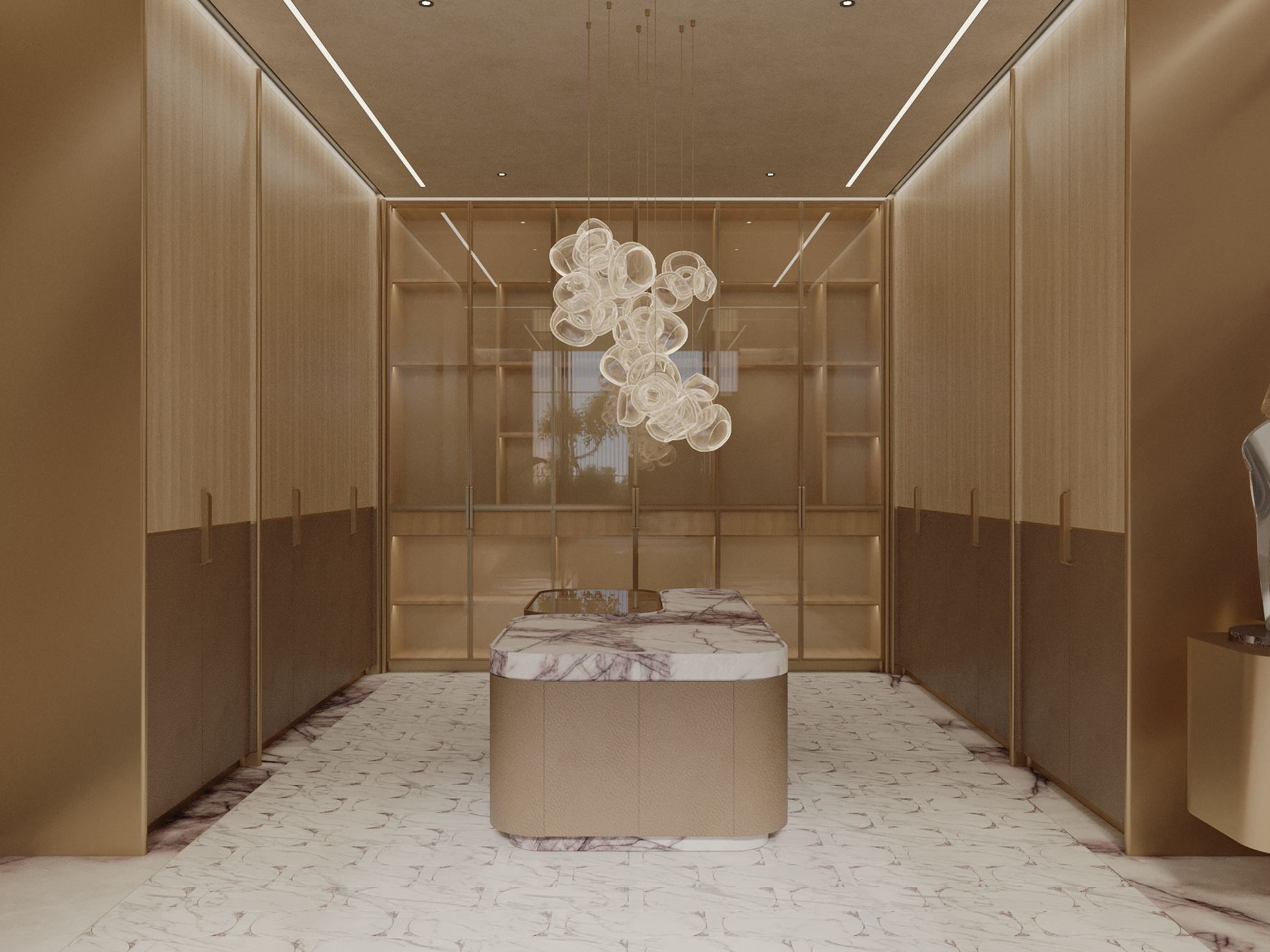Backlit display cabinets at the corridor end