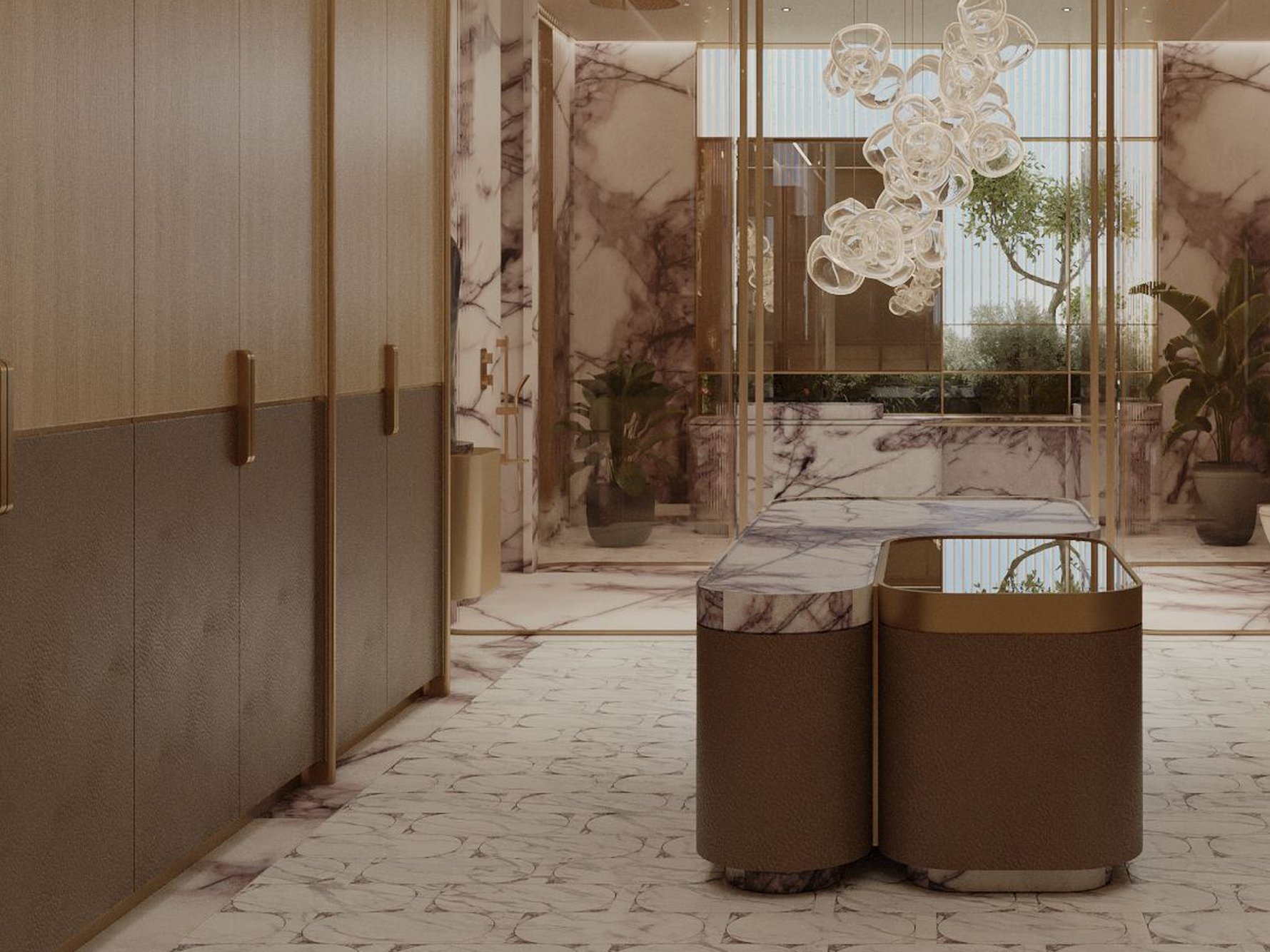 Twin dressing islands with marble tops on mosaic floor