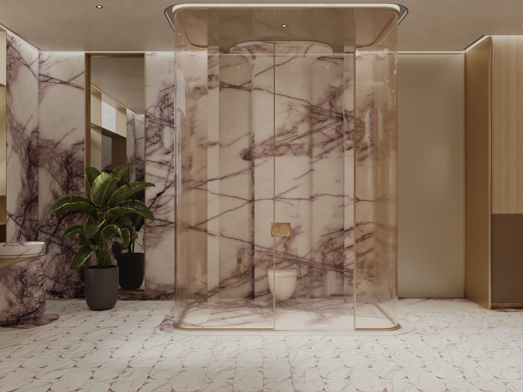Shower area wrapped in lilac marble