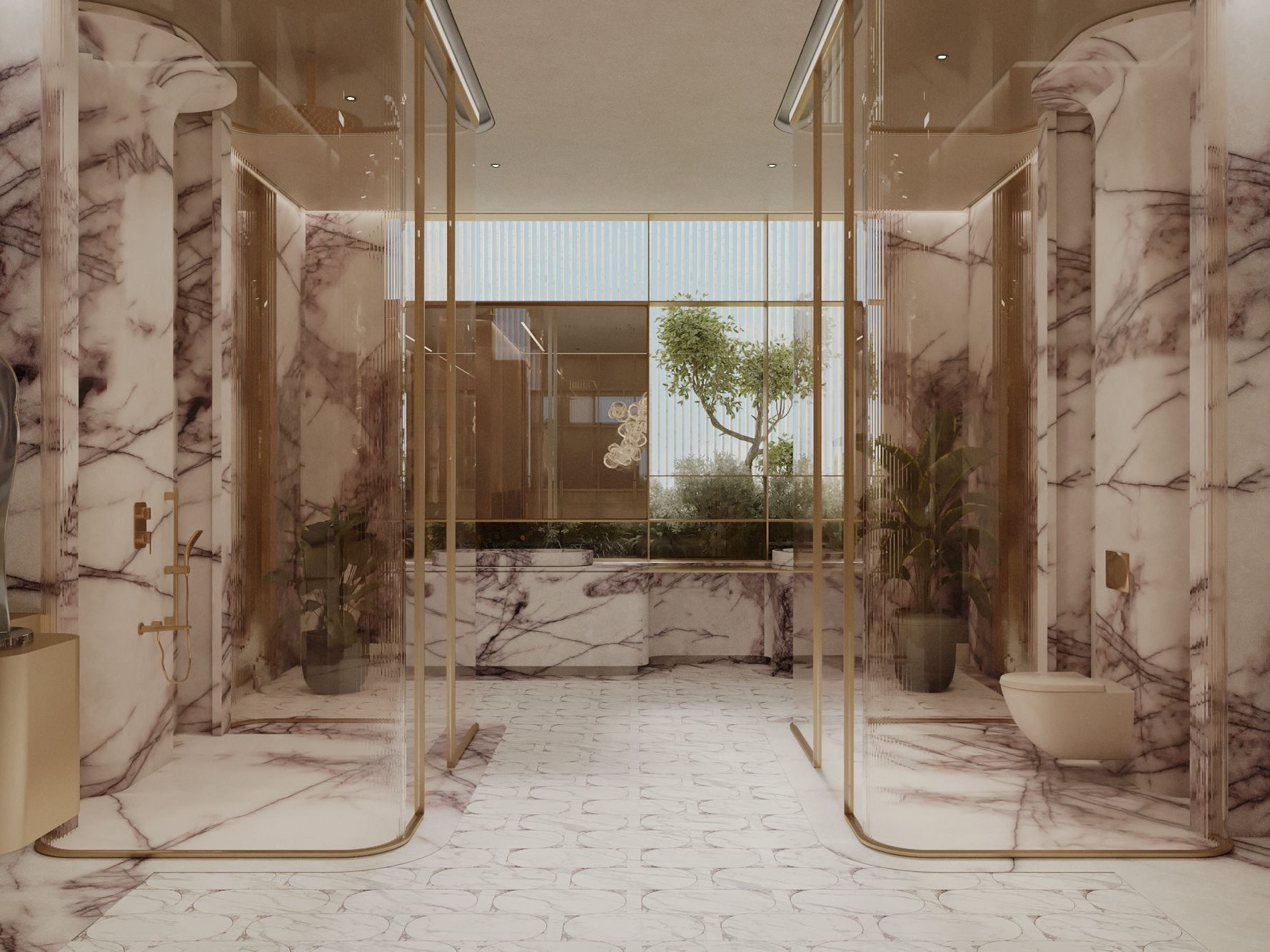 Bathing zone with brass-framed curved glass screens