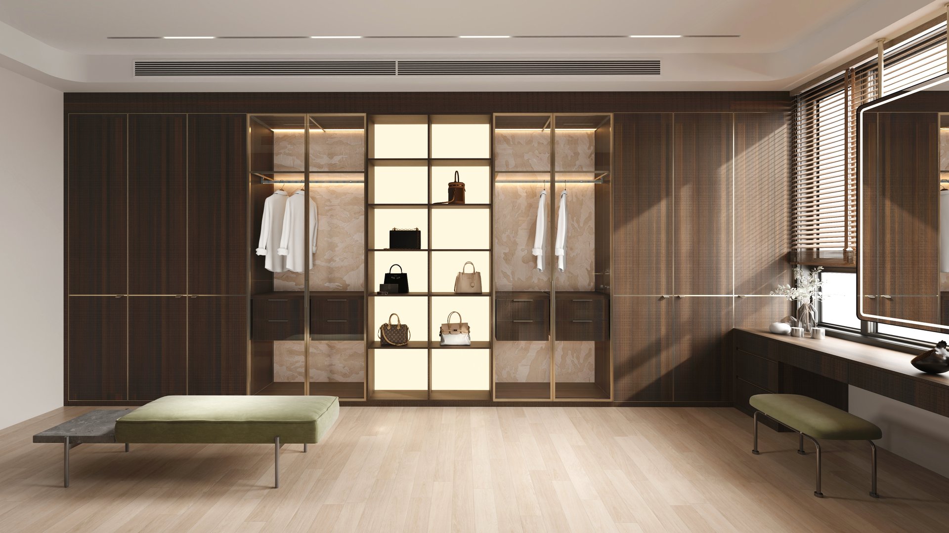 Malaysia villa walk-in wardrobe with backlit shelving in dark walnut
