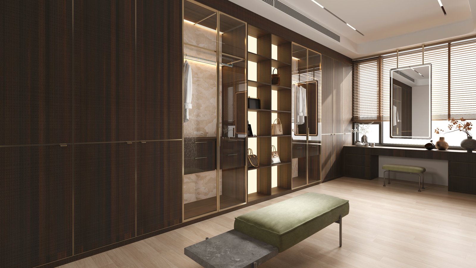 Glass-fronted wardrobe cabinets, internally lit