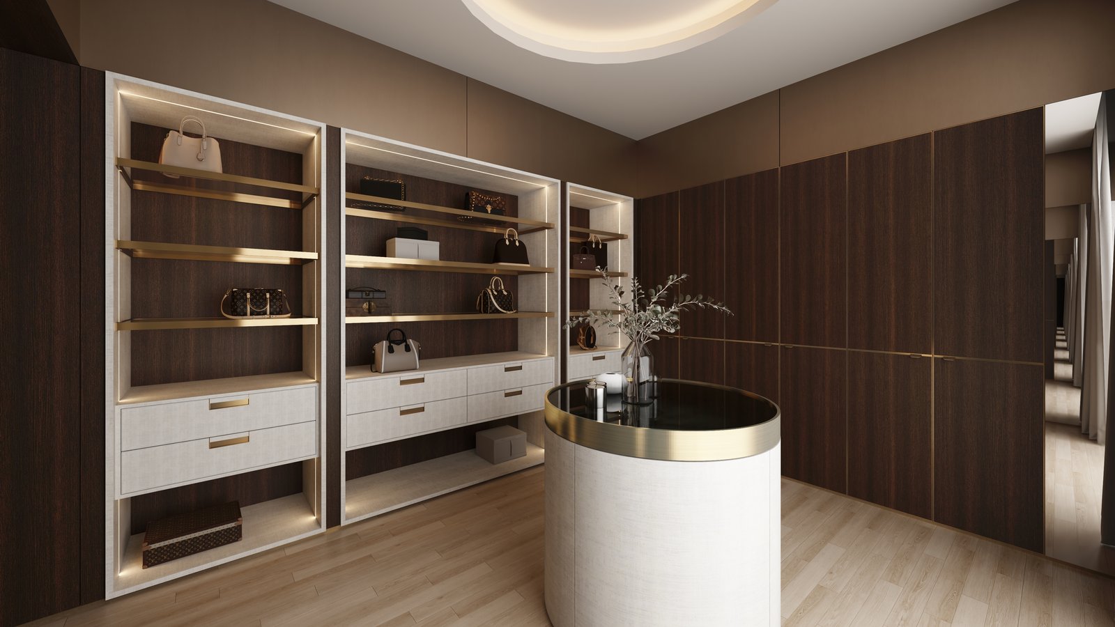 Dressing island with brass-edged shelving