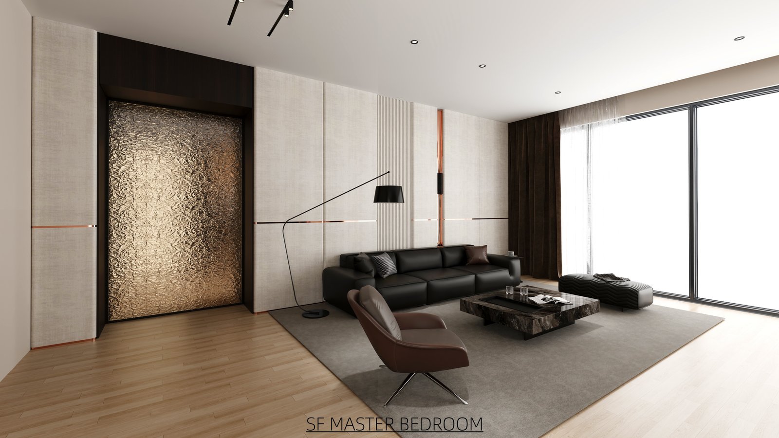 Living room with crumpled bronze feature wall