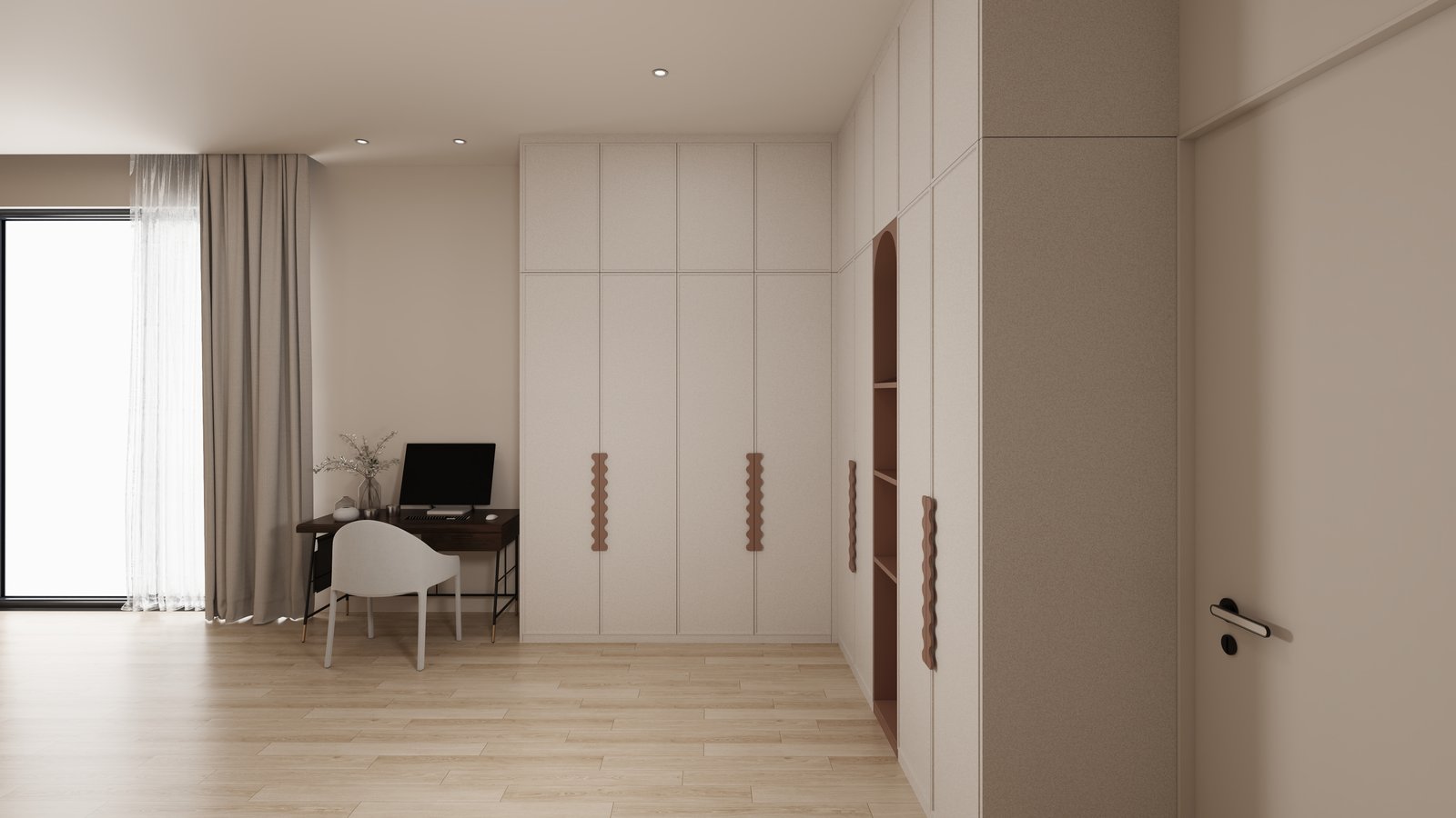 Study with cream panelled wardrobe wall