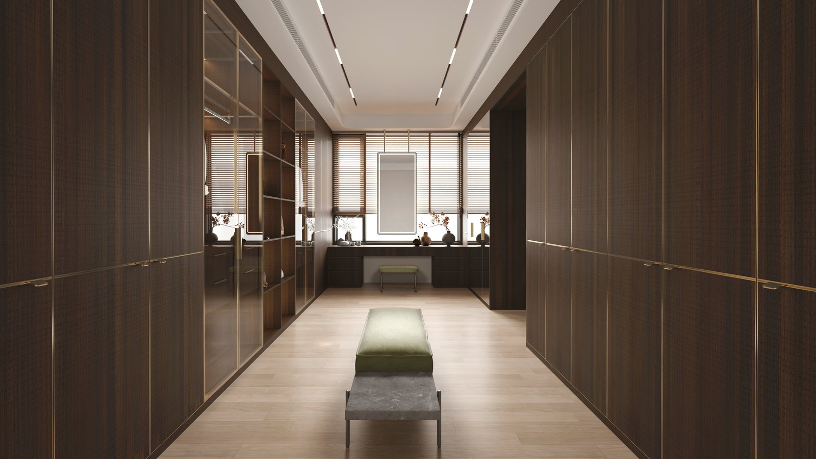 Walk-in wardrobe with backlit hanging bays