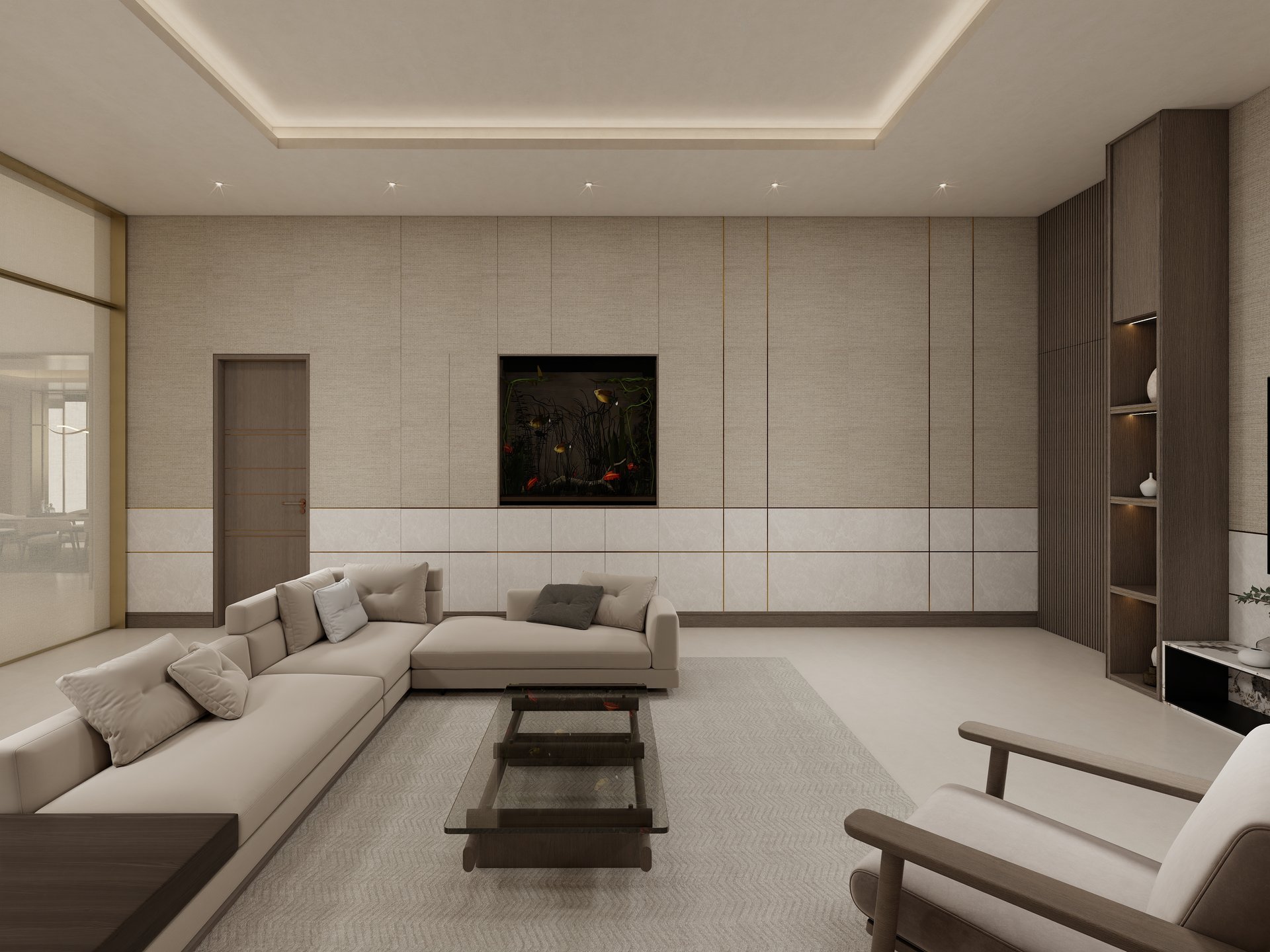 GF House family lounge with panelled media wall in warm neutrals
