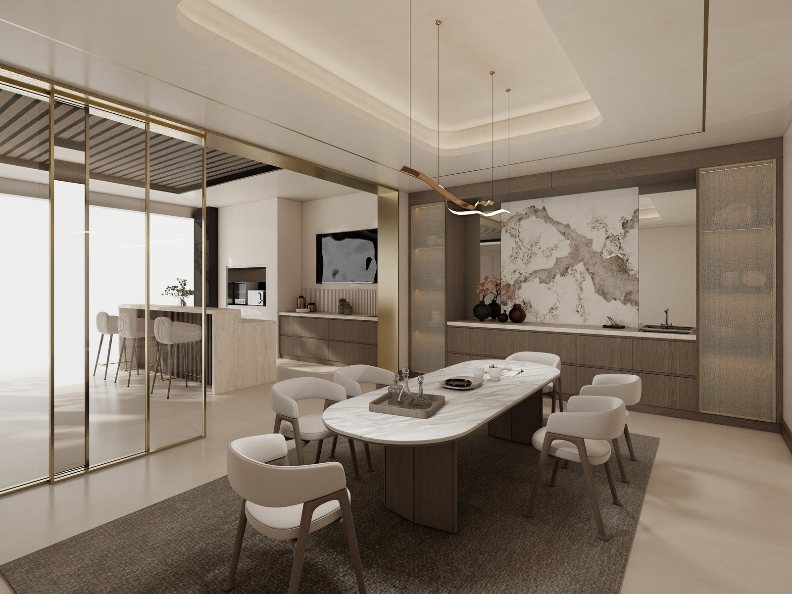 Formal dining room with Calacatta marble feature wall