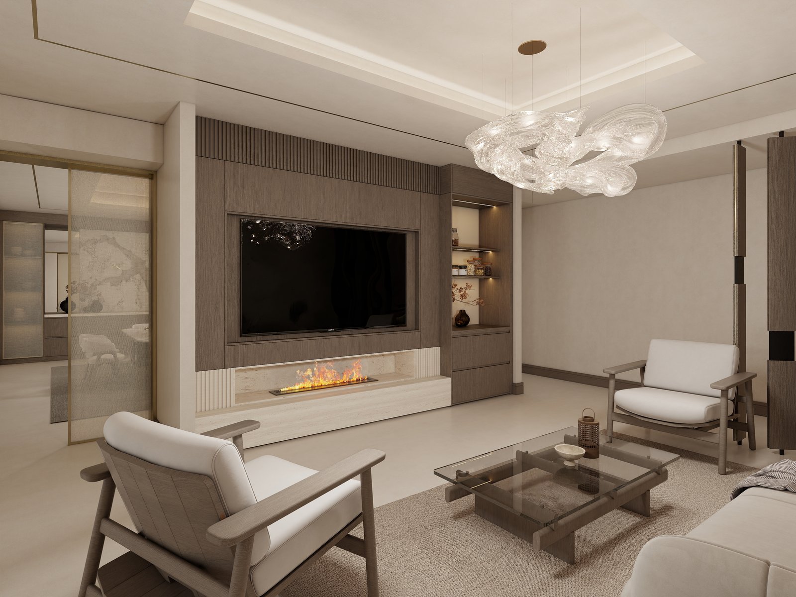 Formal lounge with fireplace and media wall