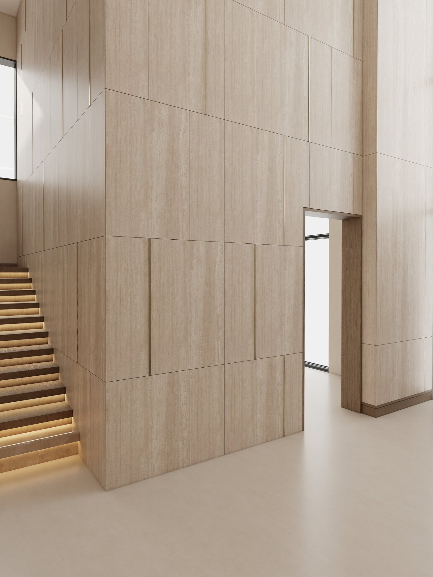 Entrance foyer with oak staircase and kitchen servery