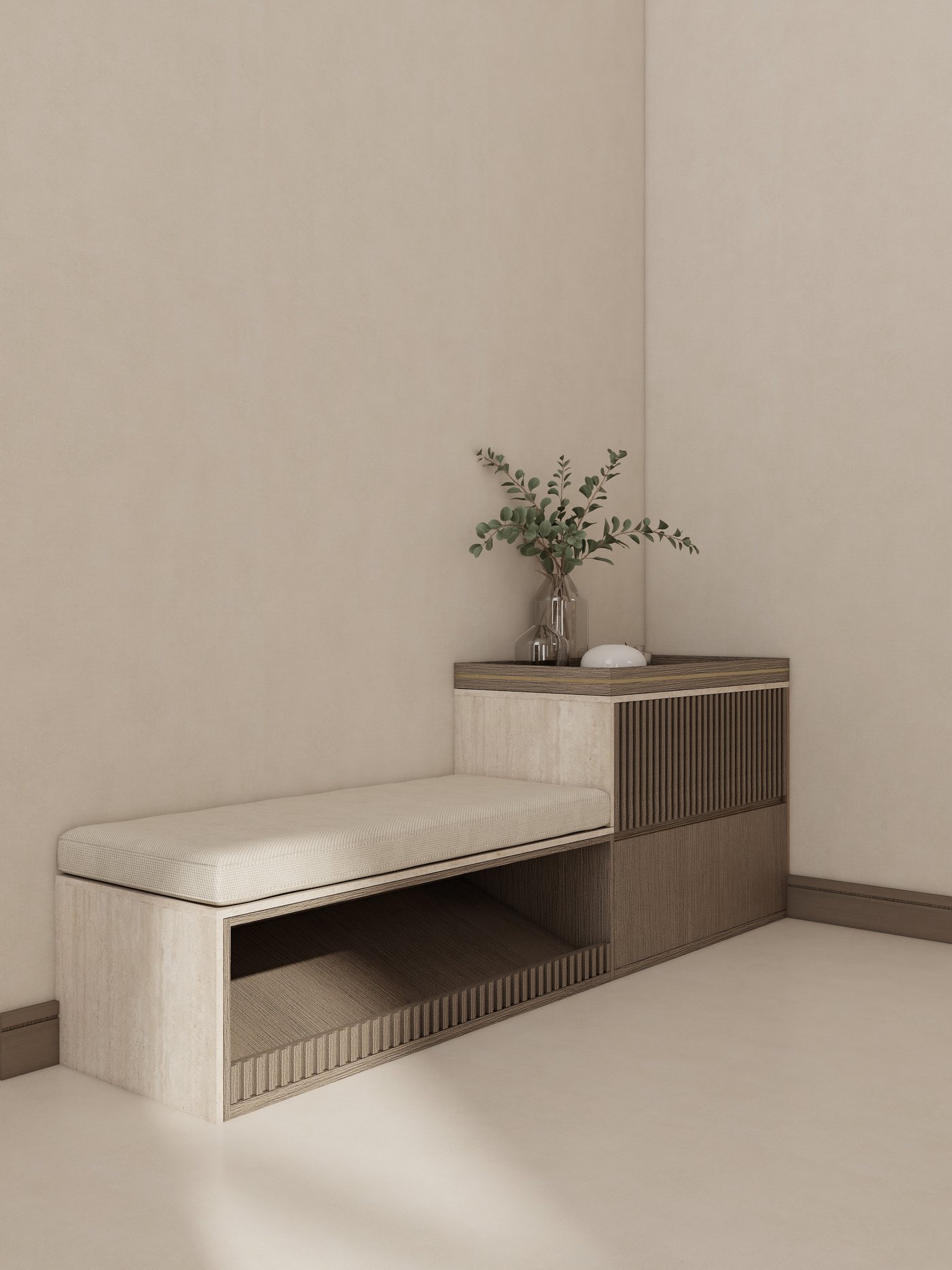 Foyer console in fluted oak with stone top