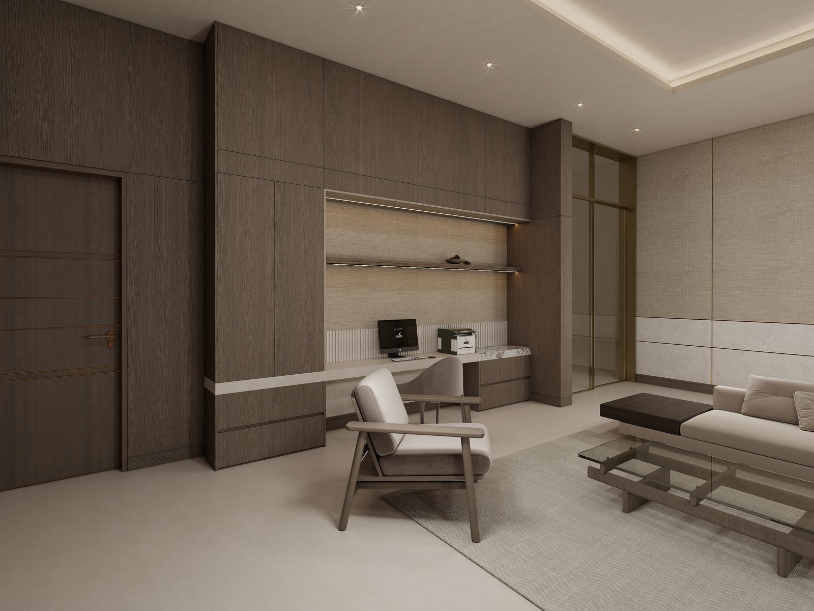 Family lounge wall with dark oak shelving