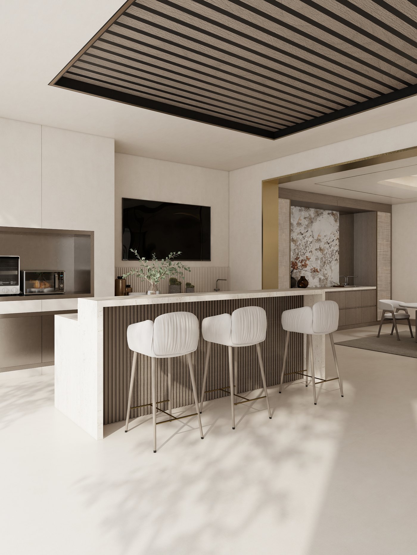 Covered patio with fluted bar counter and stools
