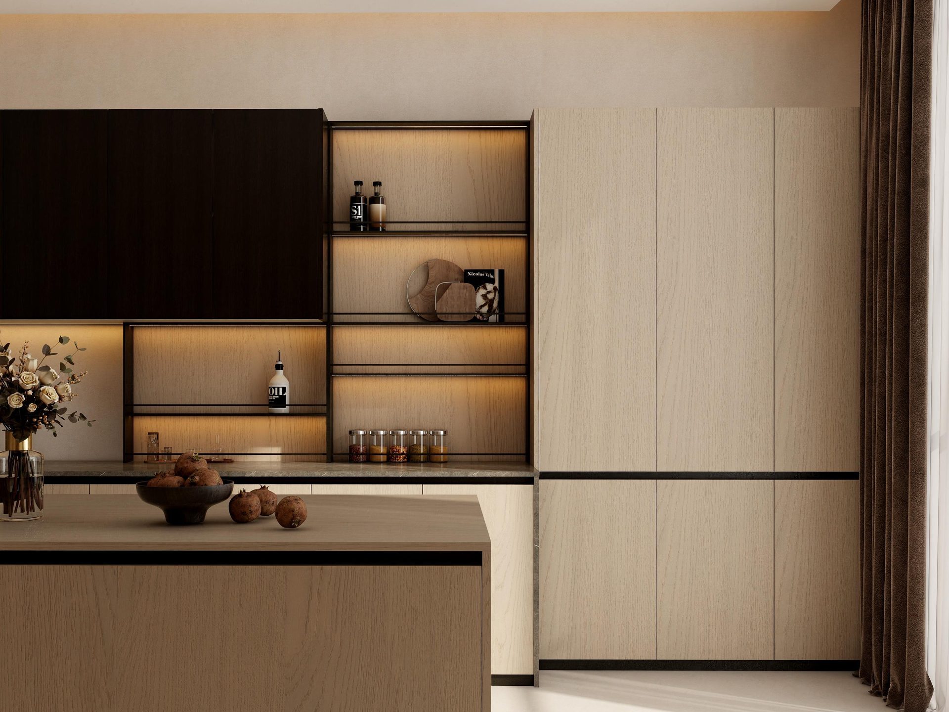 Coffee niche with backlit oak shelving