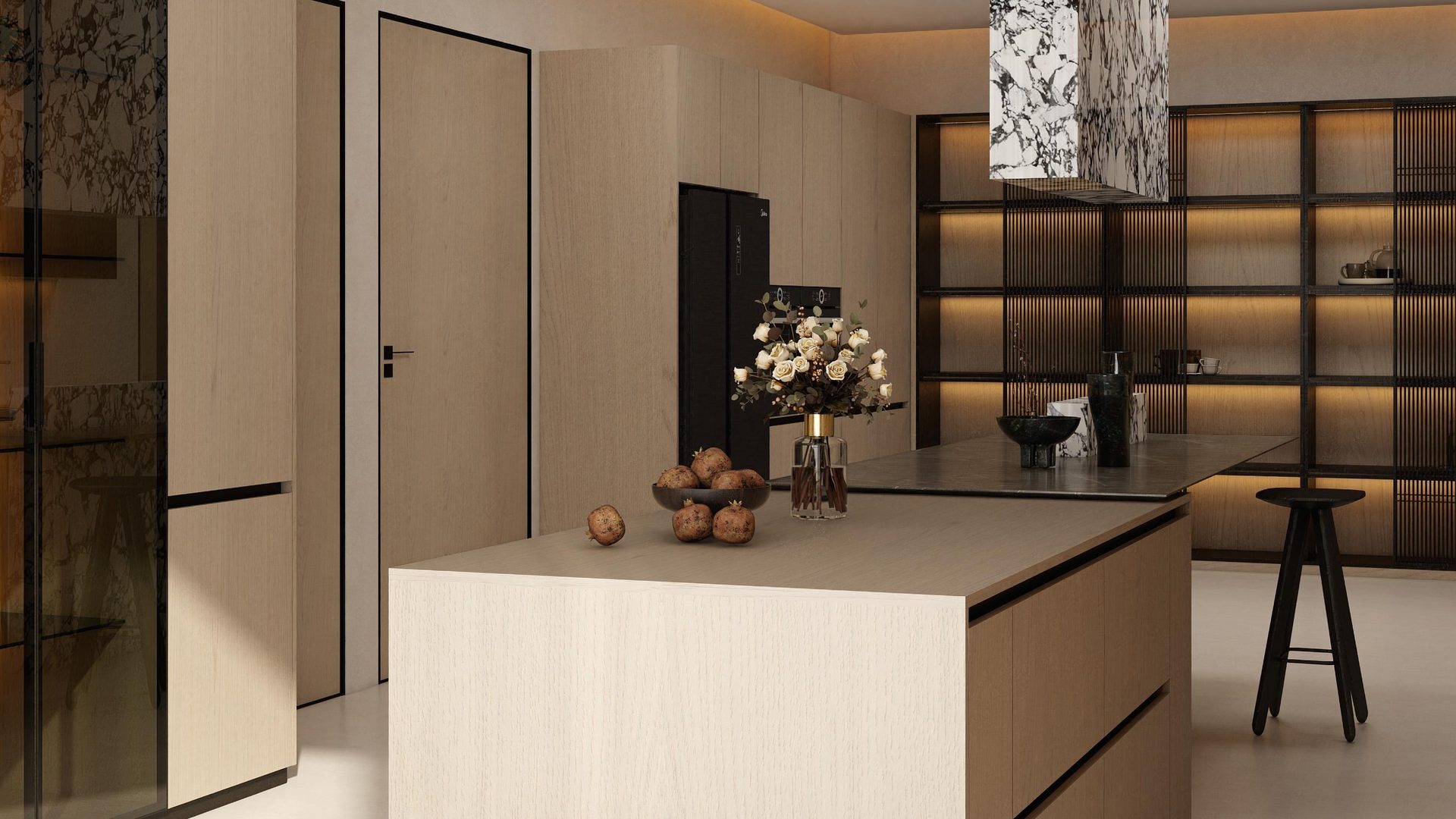 Satnam residence kitchen island with Calacatta Viola marble leg and backlit display wall