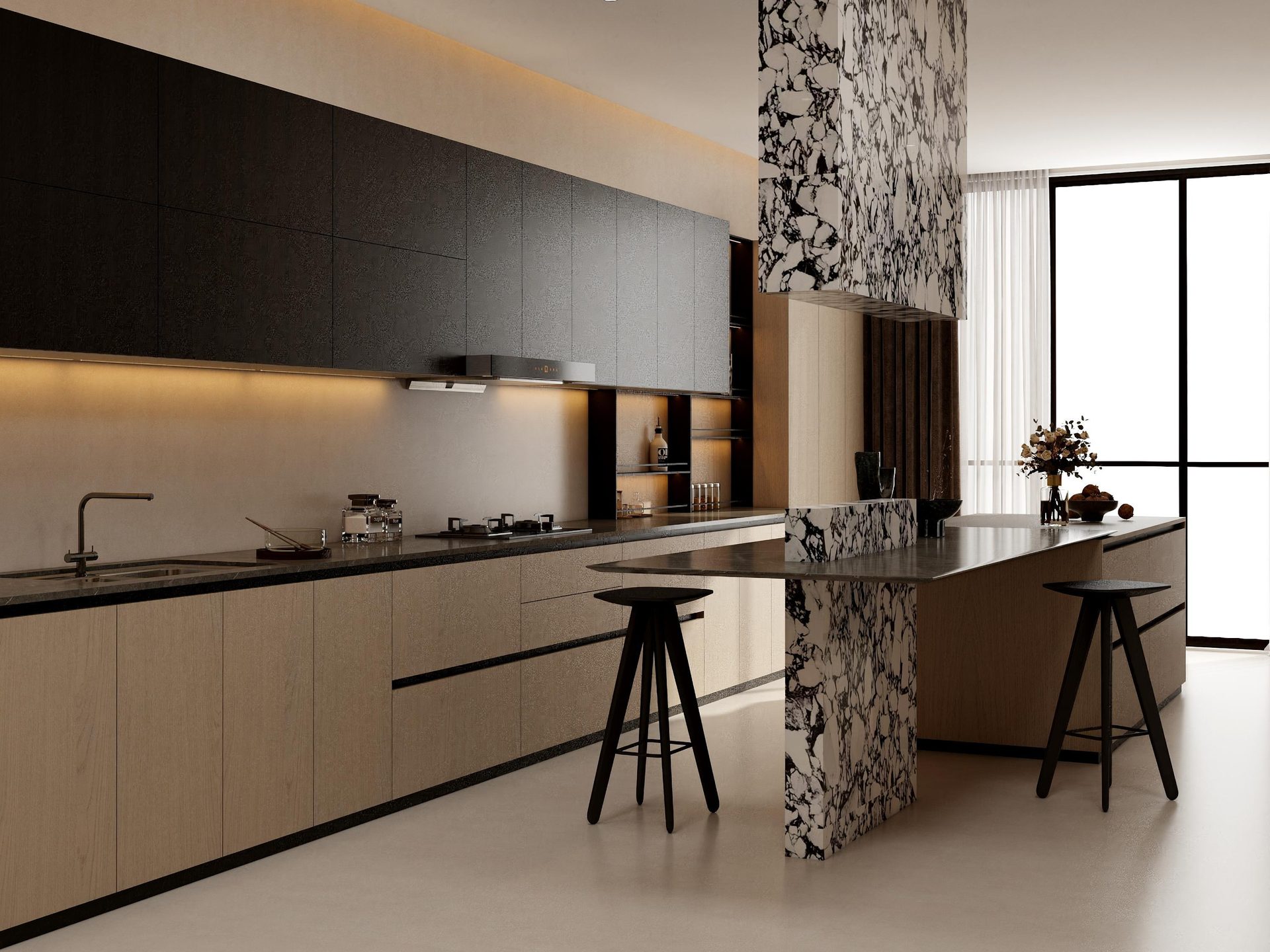Kitchen overview with island, stools and working wall