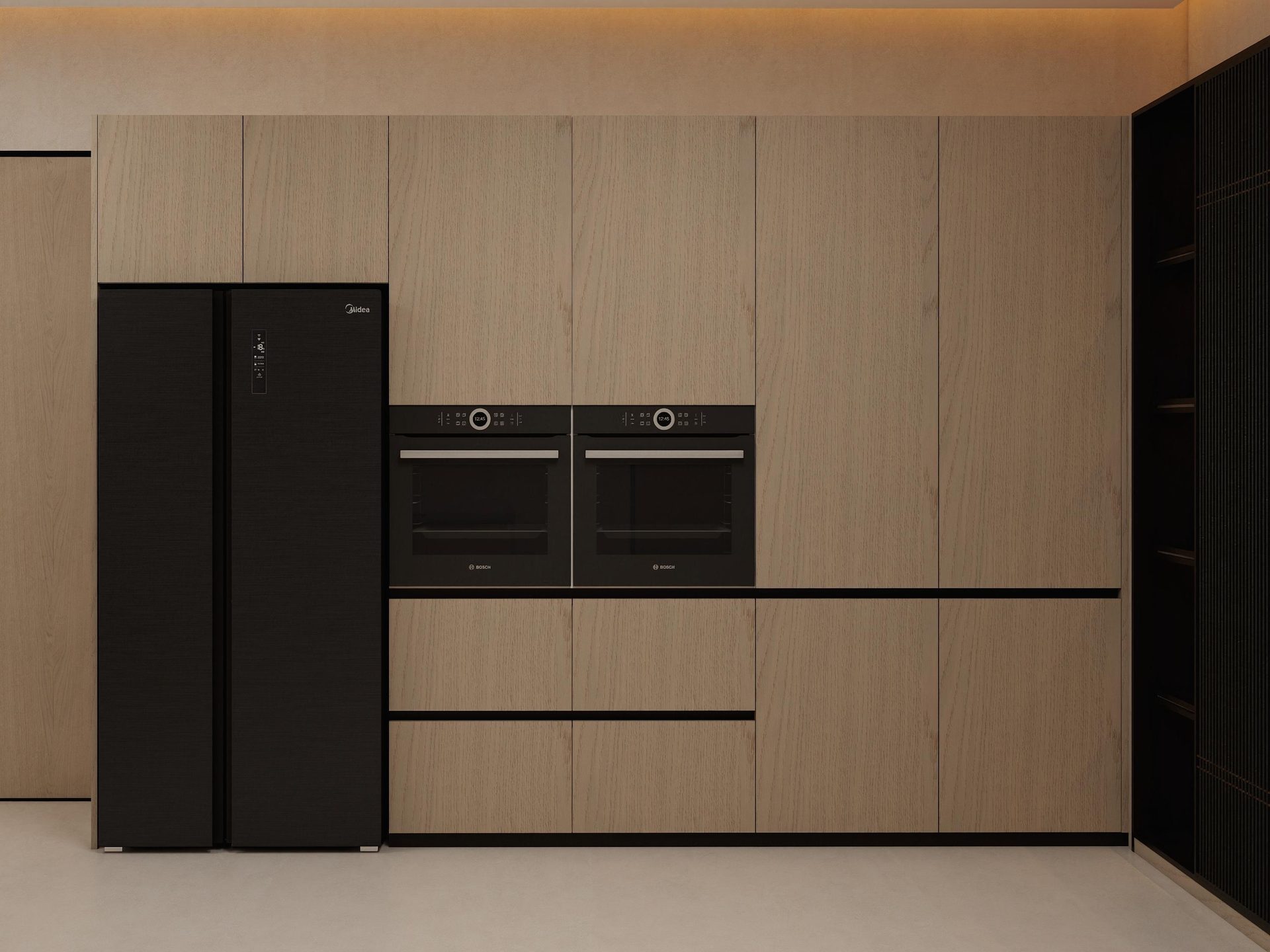 Tall units with integrated ovens in natural oak