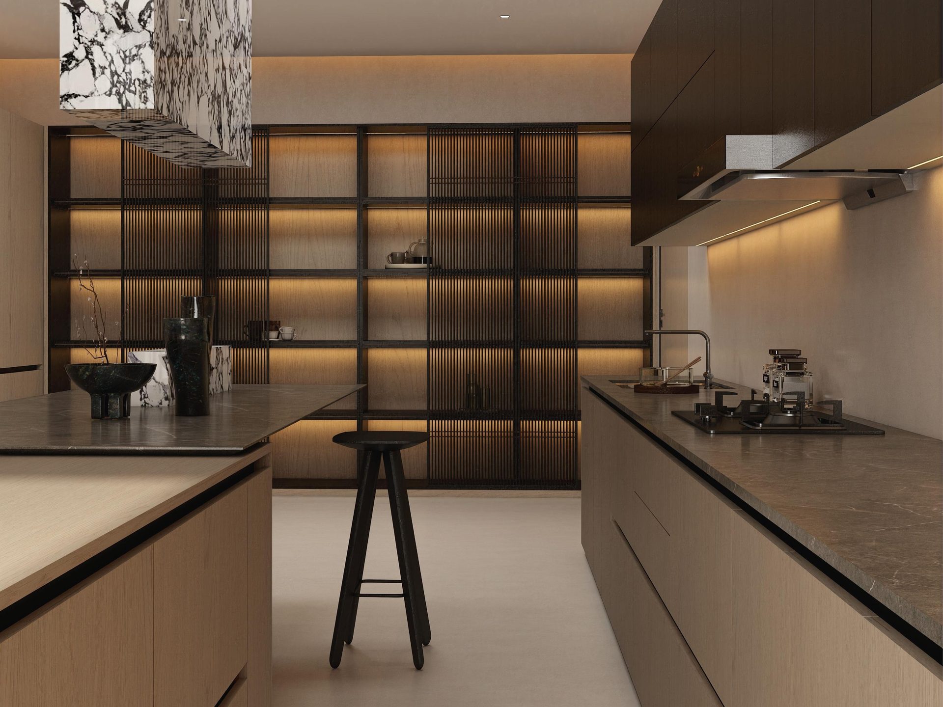 Working wall with black oak overhead cabinets